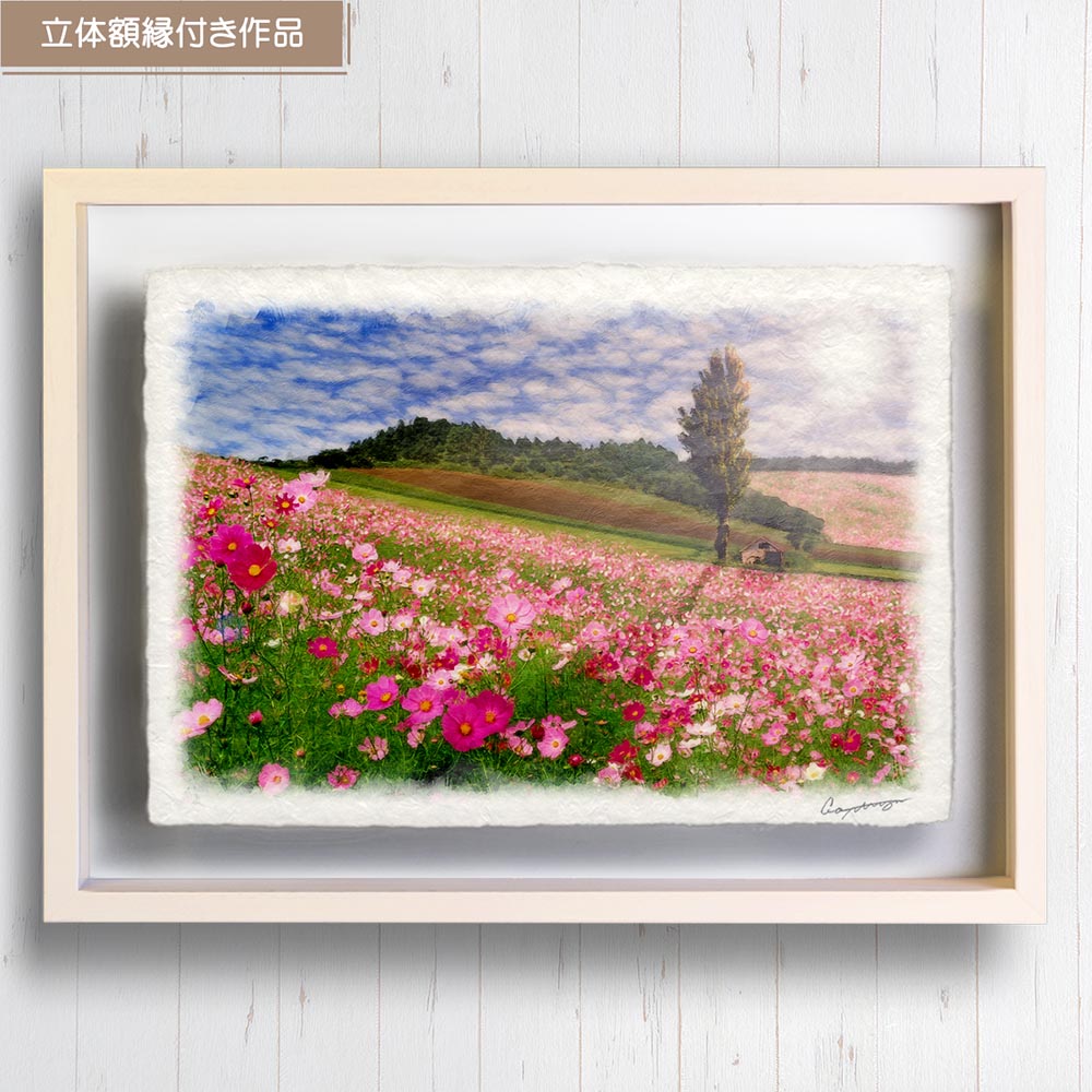 和紙の絵写真 「太陽とコスモス畑のポプラの木」 絵画 インテリア アート パネル おしゃれ 風景画 風水 絵 玄関 ジャパンディ 壁 掛け ポスター 和風 和 モダン 秋 ピンク 花の絵