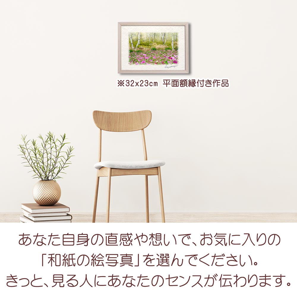 和紙の絵写真 「霧の白樺林とコスモス畑」 絵画 インテリア アート パネル おしゃれ 風景画 風水 絵 玄関 ジャパンディ 壁 掛け ポスター 和風 和 モダン 秋 ピンク 木 森 花の絵