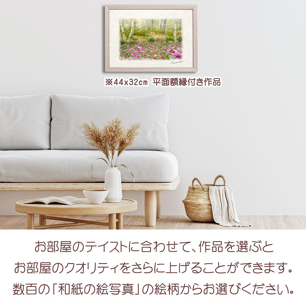 和紙の絵写真 「霧の白樺林とコスモス畑」 絵画 インテリア アート パネル おしゃれ 風景画 風水 絵 玄関 ジャパンディ 壁 掛け ポスター 和風 和 モダン 秋 ピンク 木 森 花の絵