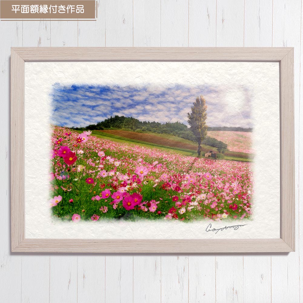 和紙の絵写真 「太陽とコスモス畑のポプラの木」 絵画 インテリア アート パネル おしゃれ 風景画 風水 絵 玄関 ジャパンディ 壁 掛け ポスター 和風 和 モダン 秋 ピンク 花の絵