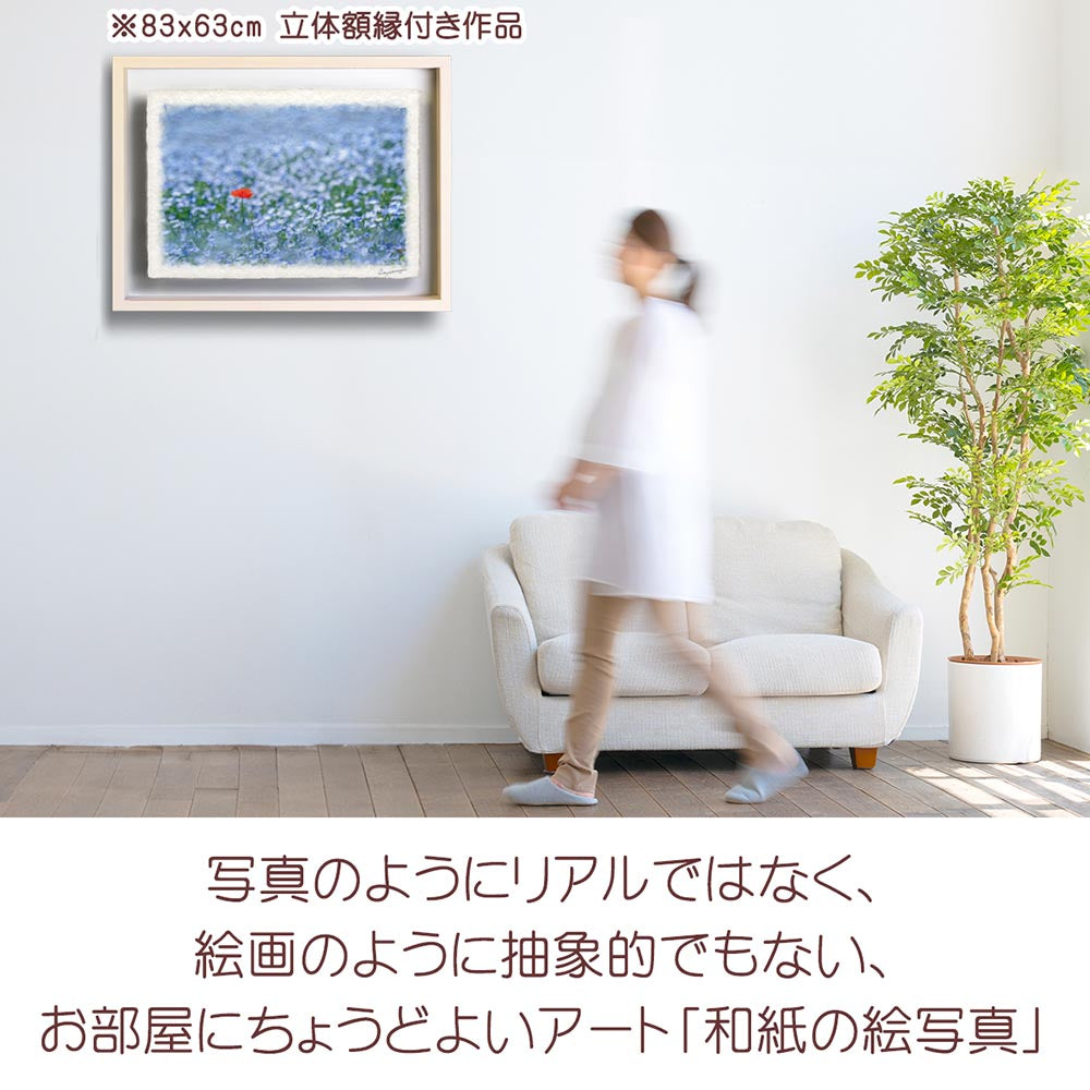 和紙の絵写真 「一面のネモフィラと赤いポピー」 絵画 インテリア アート パネル おしゃれ 風景画 風水 絵 玄関 ジャパンディ 壁 掛け ポスター 和風 和 モダン 春 青 花の絵